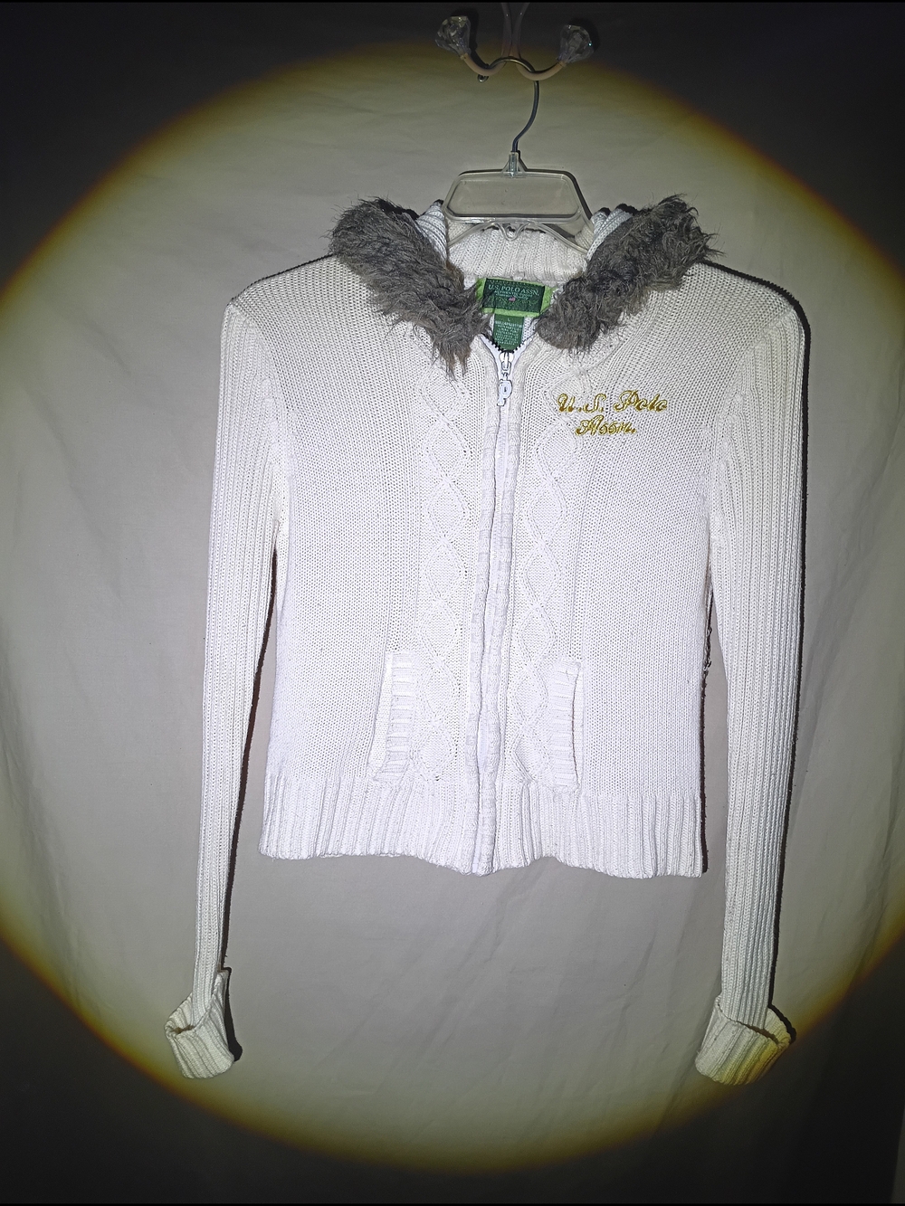 US Polo Assn White Cable Knit Faux Fur Trim Hooded Zip Up Sweater Size L
